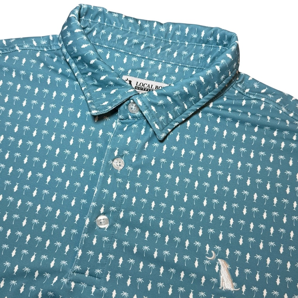 Local Boy Outfitters Mens XL Teal Blue Palm Tree Fish Performance Polo Shirt S/S